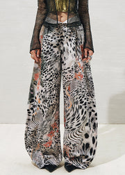 Grey Leopard Pockets Cotton Summer Pants High Waist