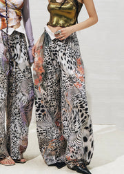 Grey Leopard Pockets Cotton Summer Pants High Waist