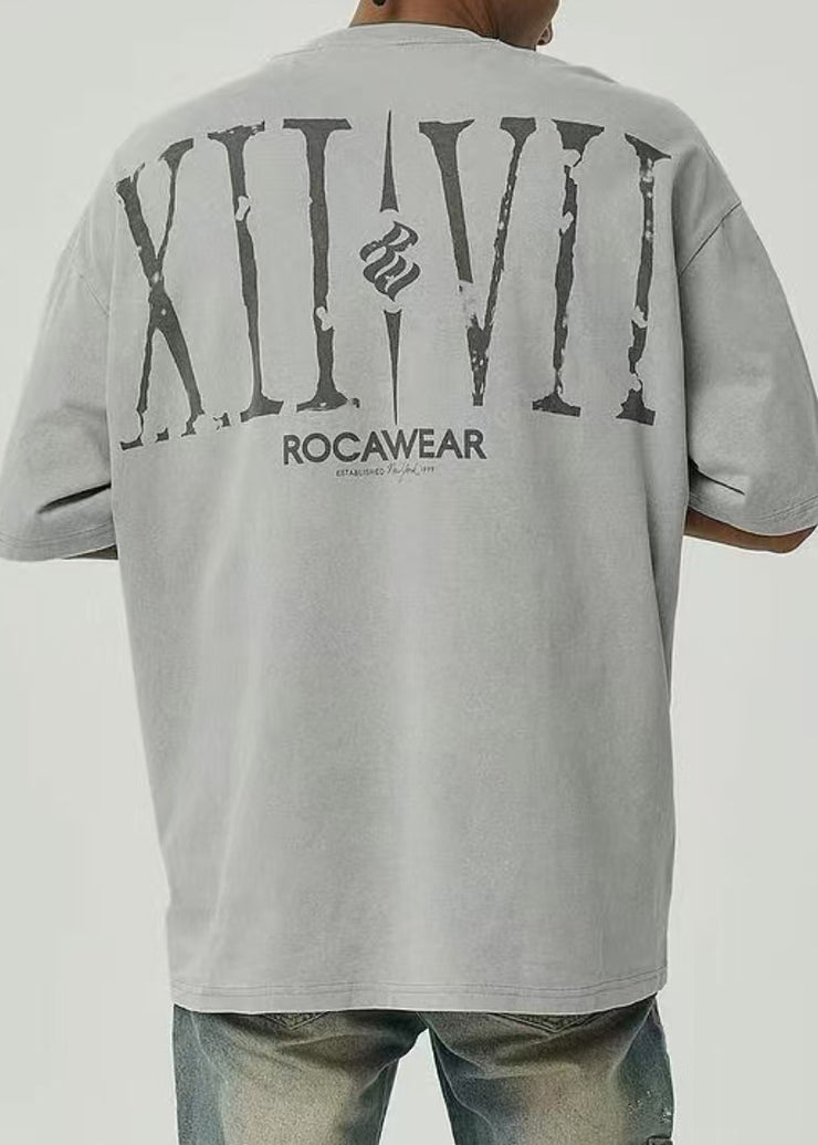 Grey Letter Print Cotton Mens T Shirts O Neck Short Sleeve