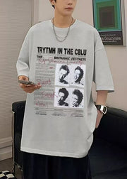 Grey Letter Print Cotton Mens T Shirts O Neck Summer