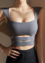 Grey O-Neck Hollow Out Yoga Tank Tops
