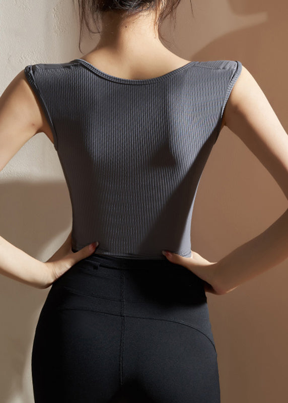 Grey O-Neck Hollow Out Yoga Tank Tops