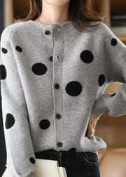 Grey O-Neck Patchwork Cotton Knit Cardigans Lantern Sleeve