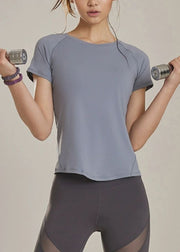 Grey O-Neck Slim Solid Yoga Tops