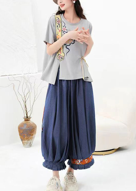 Grey Original Design Cotton T Shirt O Neck Embroideried Summer