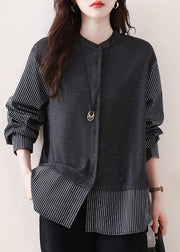 Grey Patchwork Cotton Shirts Oversized Striped Fall