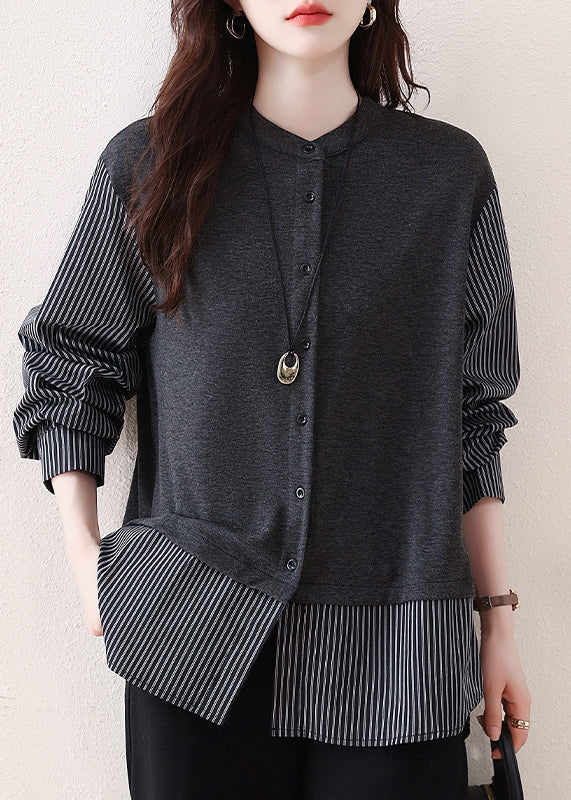 Grey Patchwork Cotton Shirts Oversized Striped Fall