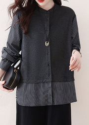 Grey Patchwork Cotton Shirts Oversized Striped Fall