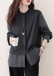 Grey Patchwork Cotton Shirts Oversized Striped Fall