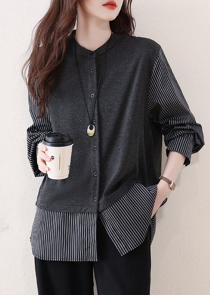 Grey Patchwork Cotton Shirts Oversized Striped Fall