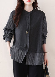 Grey Patchwork Cotton Shirts Oversized Striped Fall