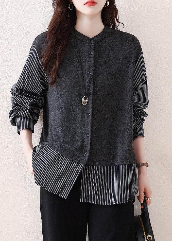 Grey Patchwork Cotton Shirts Oversized Striped Fall