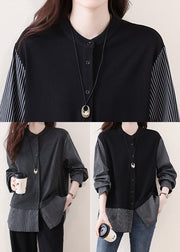 Grey Patchwork Cotton Shirts Oversized Striped Fall