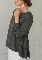 Grey Patchwork Cotton Shirts Top O Neck Ruffles Long Sleeve