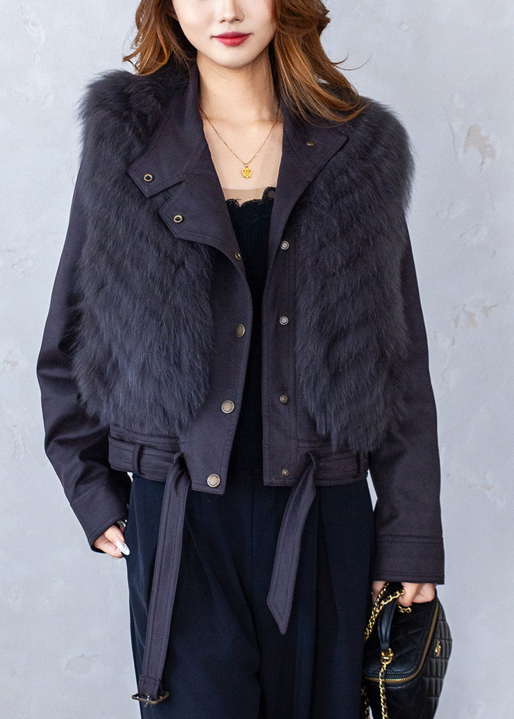 Grey Patchwork Solid Leather And Fur Waistcoat Sleeveless