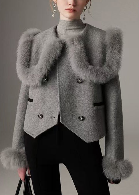 Grey Patchwork Wool Coat Peter Pan Collar Double Breast Winter