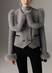 Grey Patchwork Wool Coat Peter Pan Collar Double Breast Winter