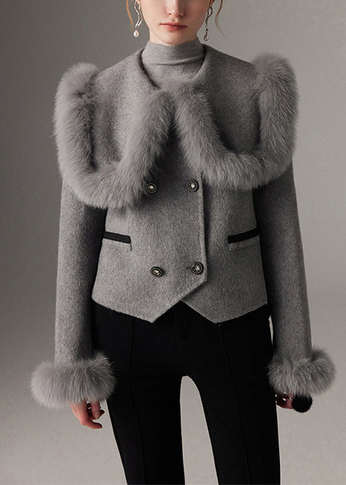 Grey Patchwork Wool Coat Peter Pan Collar Double Breast Winter