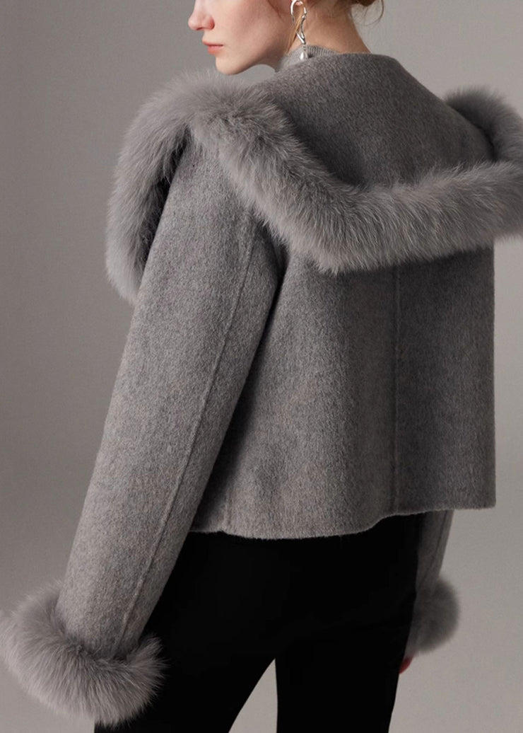 Grey Patchwork Wool Coat Peter Pan Collar Double Breast Winter