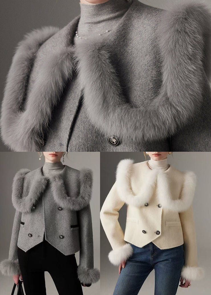 Grey Patchwork Wool Coat Peter Pan Collar Double Breast Winter