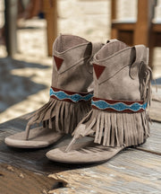 Grey Peep Toe Zircon Low Heel Sandals Boots Tasseled