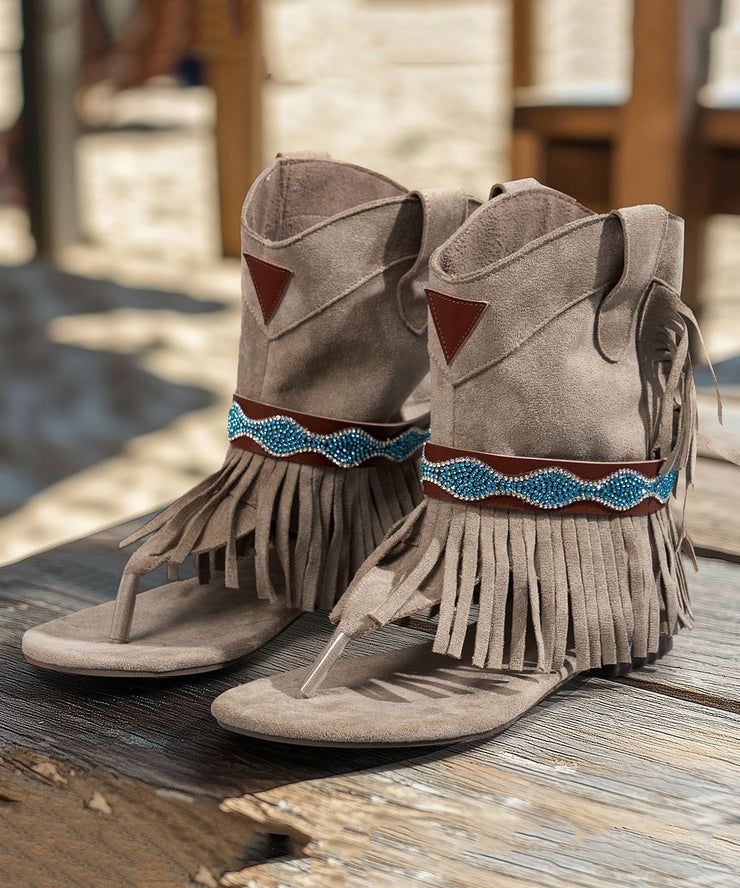Grey Peep Toe Zircon Low Heel Sandals Boots Tasseled