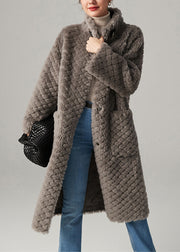 Grey Plaid Button Cozy Faux Fur Long Coats Winter