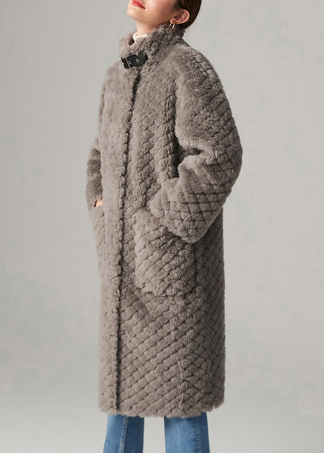 Grey Plaid Button Cozy Faux Fur Long Coats Winter