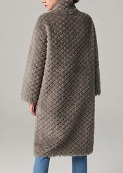 Grey Plaid Button Cozy Faux Fur Long Coats Winter