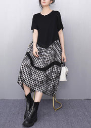 Grey Plaid Patchwork Cotton Vacation Dresses Summer