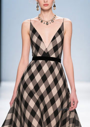 Grey Plaid Patchwork Lace Exra Large Hem Evening Dress Summer