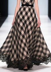 Grey Plaid Patchwork Lace Exra Large Hem Evening Dress Summer