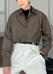Grey Plaid Pockets Oversized Cotton Shirt Men Spring
