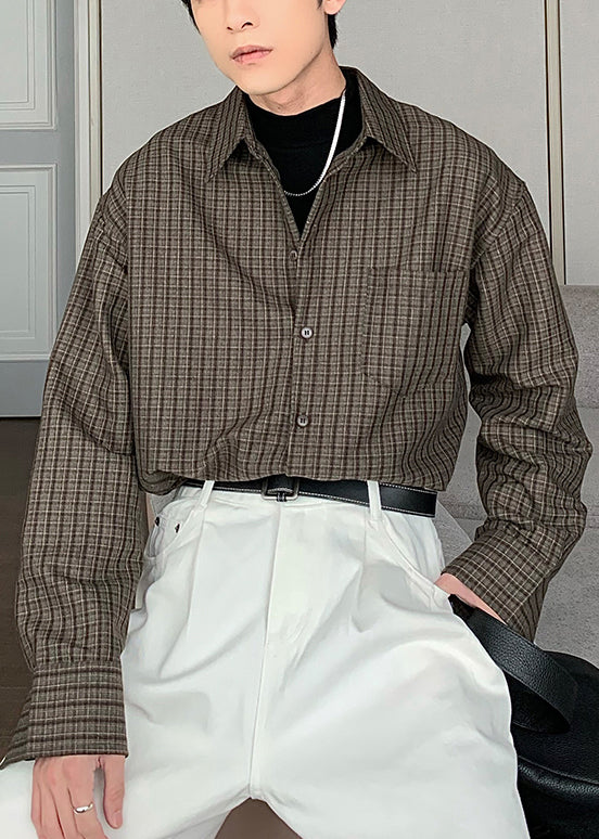 Grey Plaid Pockets Oversized Cotton Shirt Men Spring