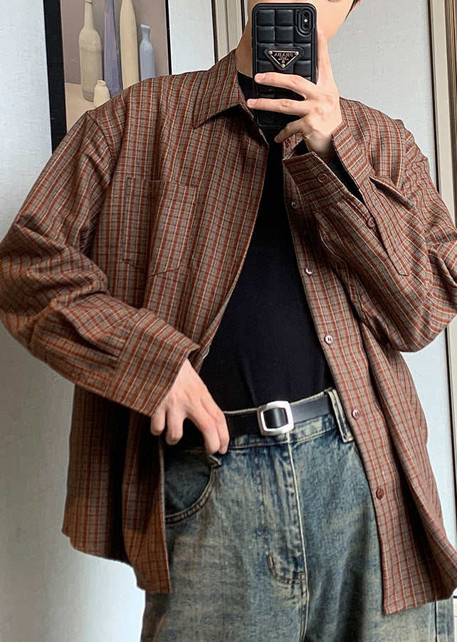Grey Plaid Pockets Oversized Cotton Shirt Men Spring