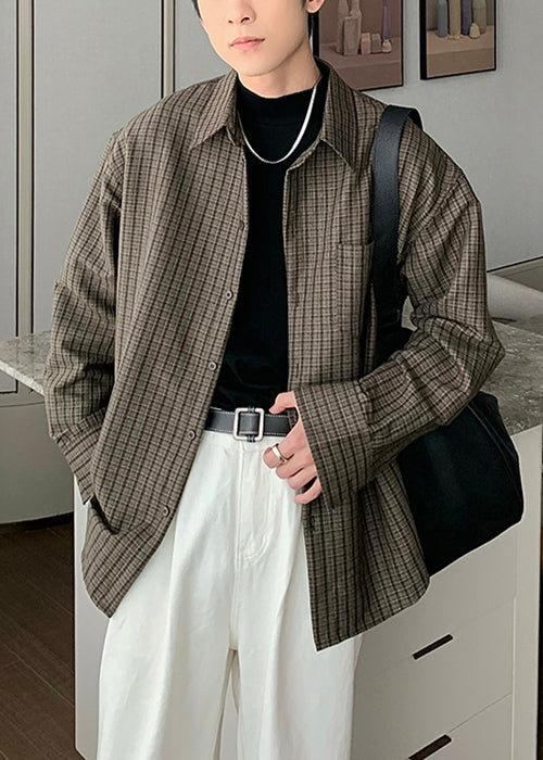 Grey Plaid Pockets Oversized Cotton Shirt Men Spring