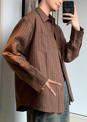 Grey Plaid Pockets Oversized Cotton Shirt Men Spring