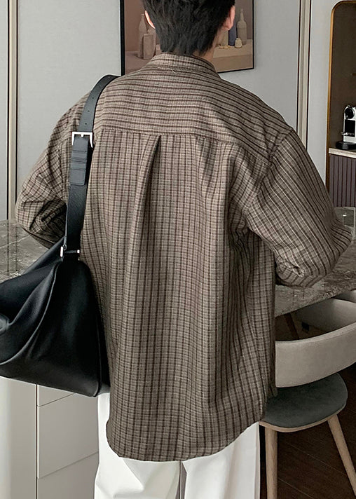 Grey Plaid Pockets Oversized Cotton Shirt Men Spring