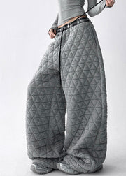 Grey Pockets Cotton Filled Wide Leg Pants Elastic Waist