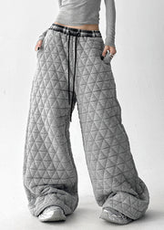 Grey Pockets Cotton Filled Wide Leg Pants Elastic Waist