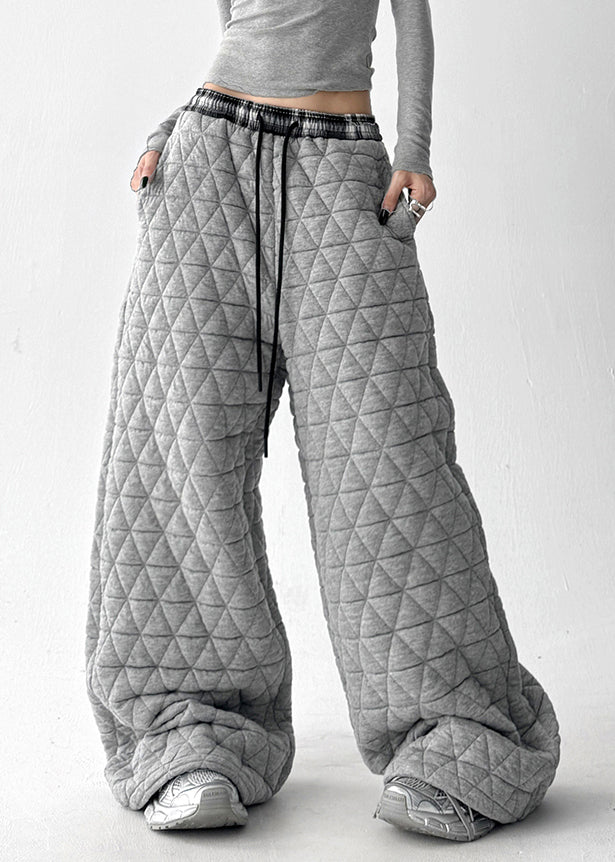 Grey Pockets Cotton Filled Wide Leg Pants Elastic Waist