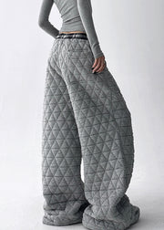 Grey Pockets Cotton Filled Wide Leg Pants Elastic Waist