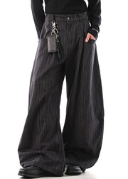Grey Pockets Cotton Men Wide Leg Pants Elastic Waist