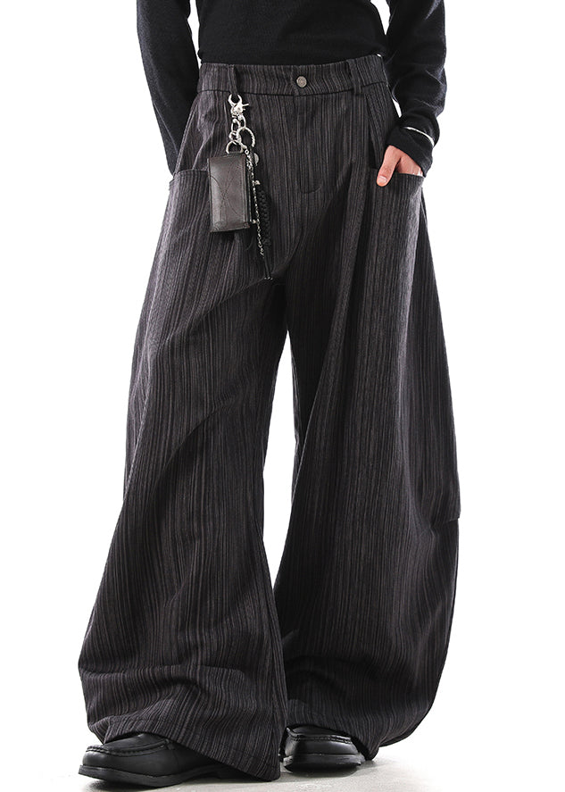 Grey Pockets Cotton Men Wide Leg Pants Elastic Waist