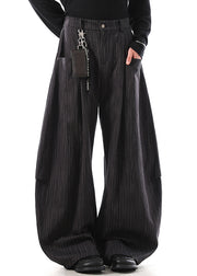 Grey Pockets Cotton Men Wide Leg Pants Elastic Waist