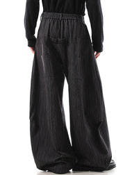 Grey Pockets Cotton Men Wide Leg Pants Elastic Waist