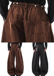Grey Pockets Cotton Men Wide Leg Pants Elastic Waist
