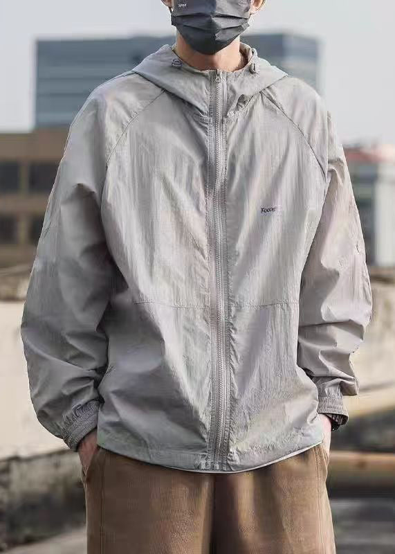 Grey Pockets Drawstring Mens UPF 50+ Coat Hooded Summer