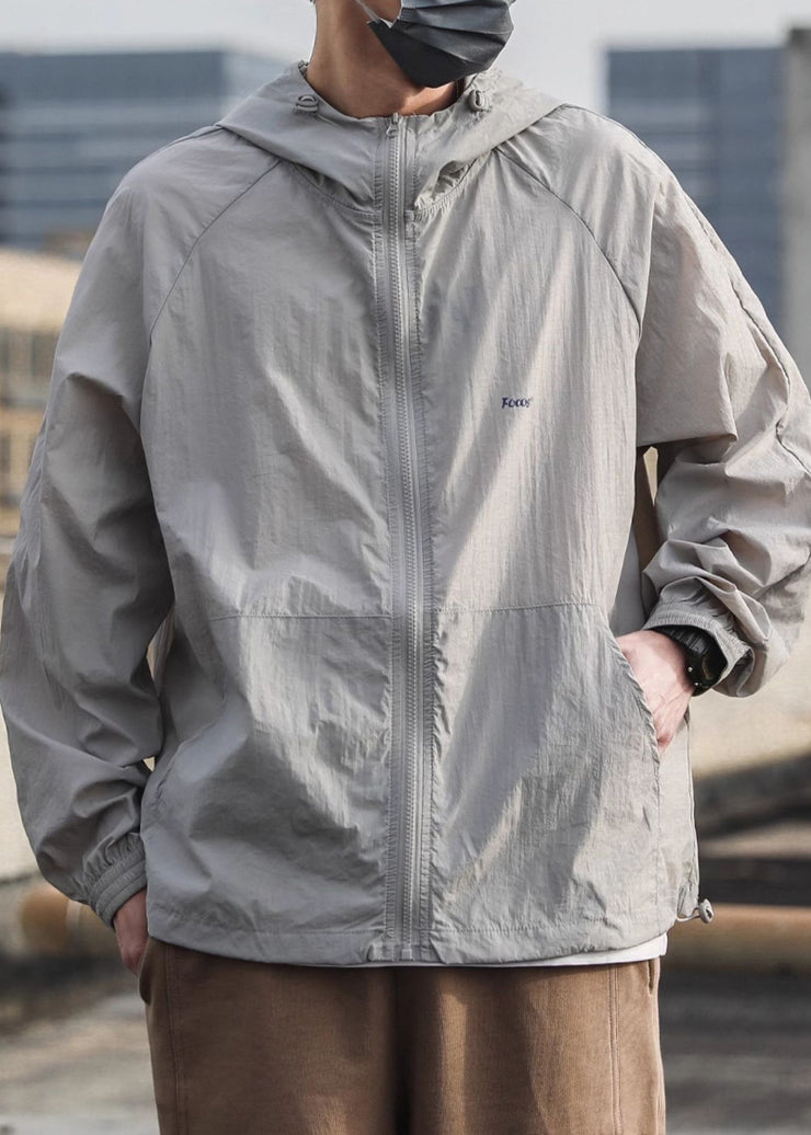 Grey Pockets Drawstring Mens UPF 50+ Coat Hooded Summer