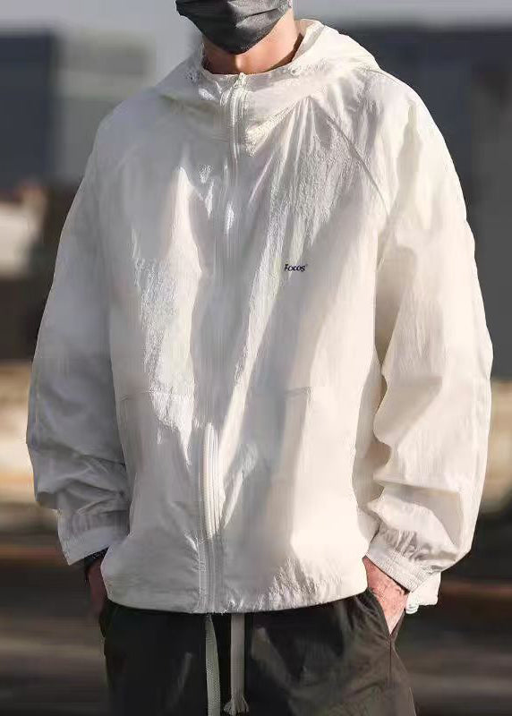 Grey Pockets Drawstring Mens UPF 50+ Coat Hooded Summer